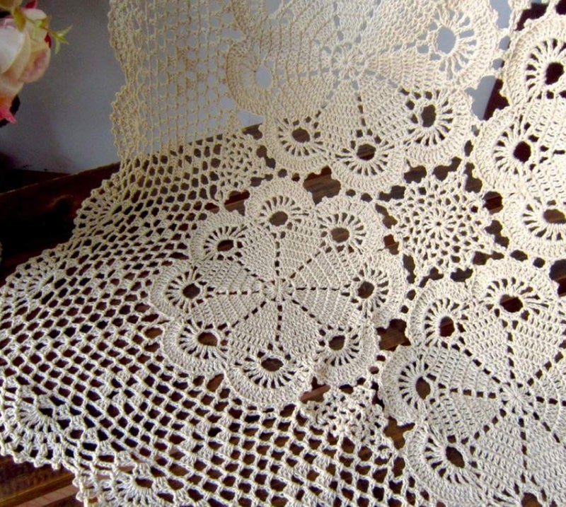 Damanni Rectangular Cotton Handmade Crochet Lace Table Runner Doilies Table Dresser Scarf,24 Inch by 31 Inchï¼ŒBeige - Image 2